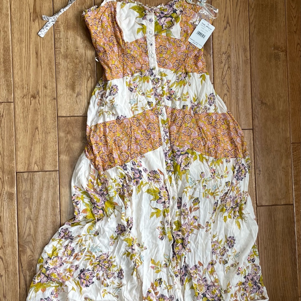 Free People Purple and Yellow Tiered Midi Sundress